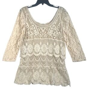 TRAVELSMITH Cream Lace Crochet 3/4 Sleeve Tunic Top‎ Cottagecore Boho Size M